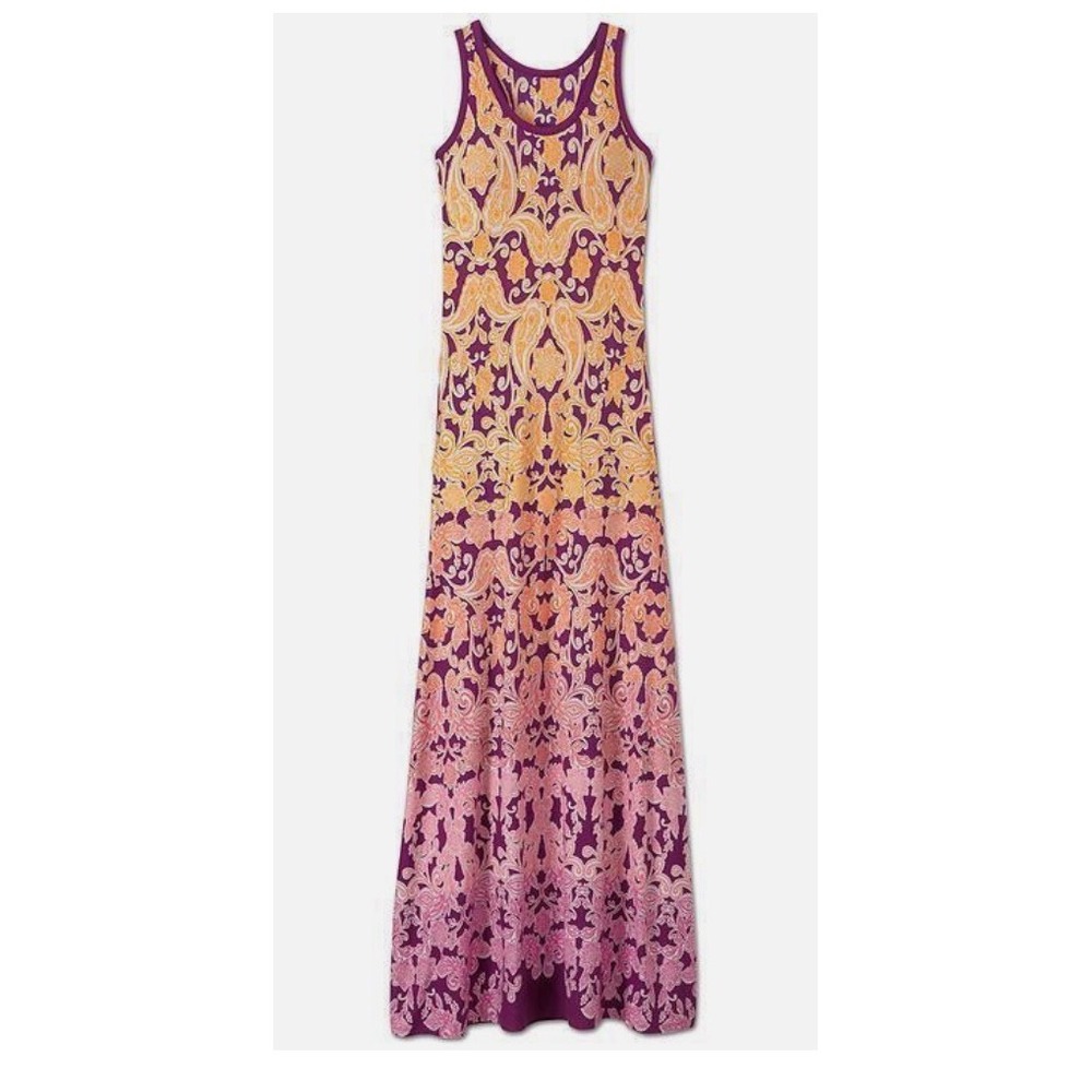 NWT Athleta Printed T-Back Maxi Dress Large Raspberry Brocade Dip Dye MSRP $108